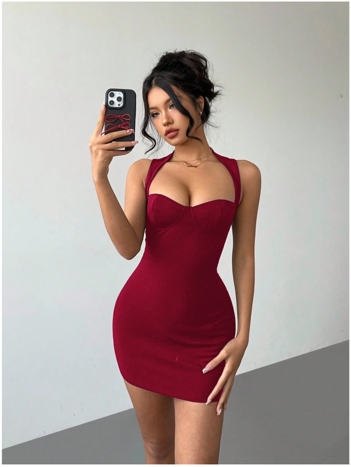 Vestido burdeos corto cuello halter - 6208