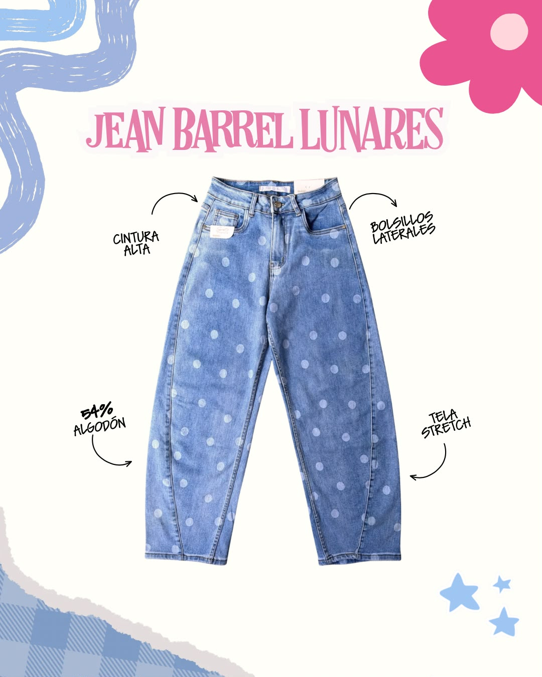 Pantalon estilo barrel azul con lunares blancos Sweet couture - 6382