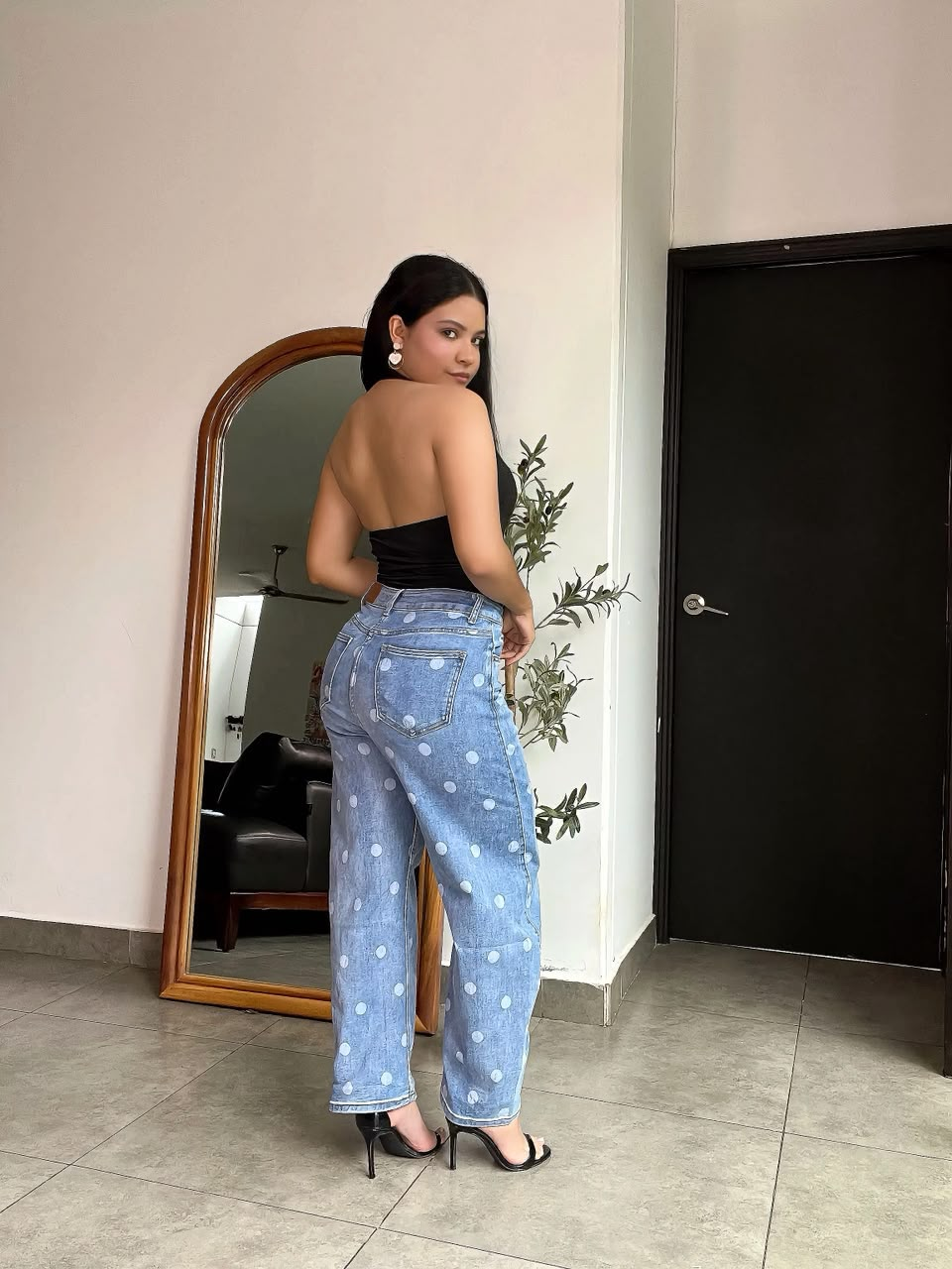 Pantalon estilo barrel azul con lunares blancos Sweet couture - 6382
