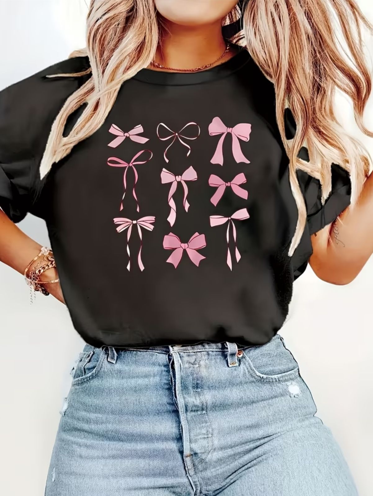 Camisa negra estampada lazos rosa 100% algodón - 5822NE